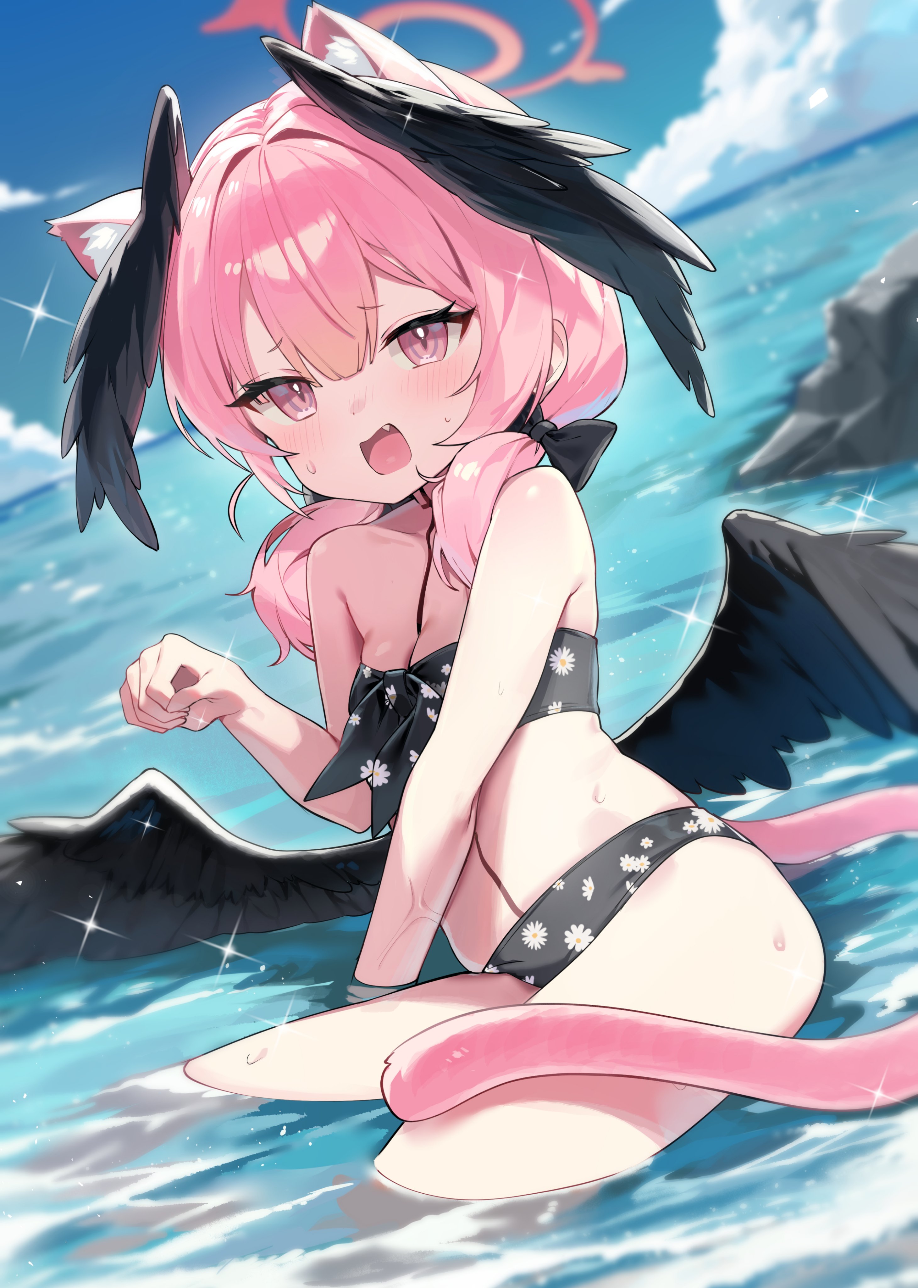 bada (jksh5056), koharu (blue archive), koharu (swimsuit) (blue archive), blue archive, absurdres, highres, 1girl, animal ears, bare shoulders, bikini, black bikini, black wings, blush, bow, breasts, cat ears, cat tail, feathered wings, hair bow, halo, head wings, long hair, looking at viewer, low twintails, navel, ocean, open mouth, pink eyes, pink hair, small breasts, solo, swimsuit, tail, thighs, twintails, wings