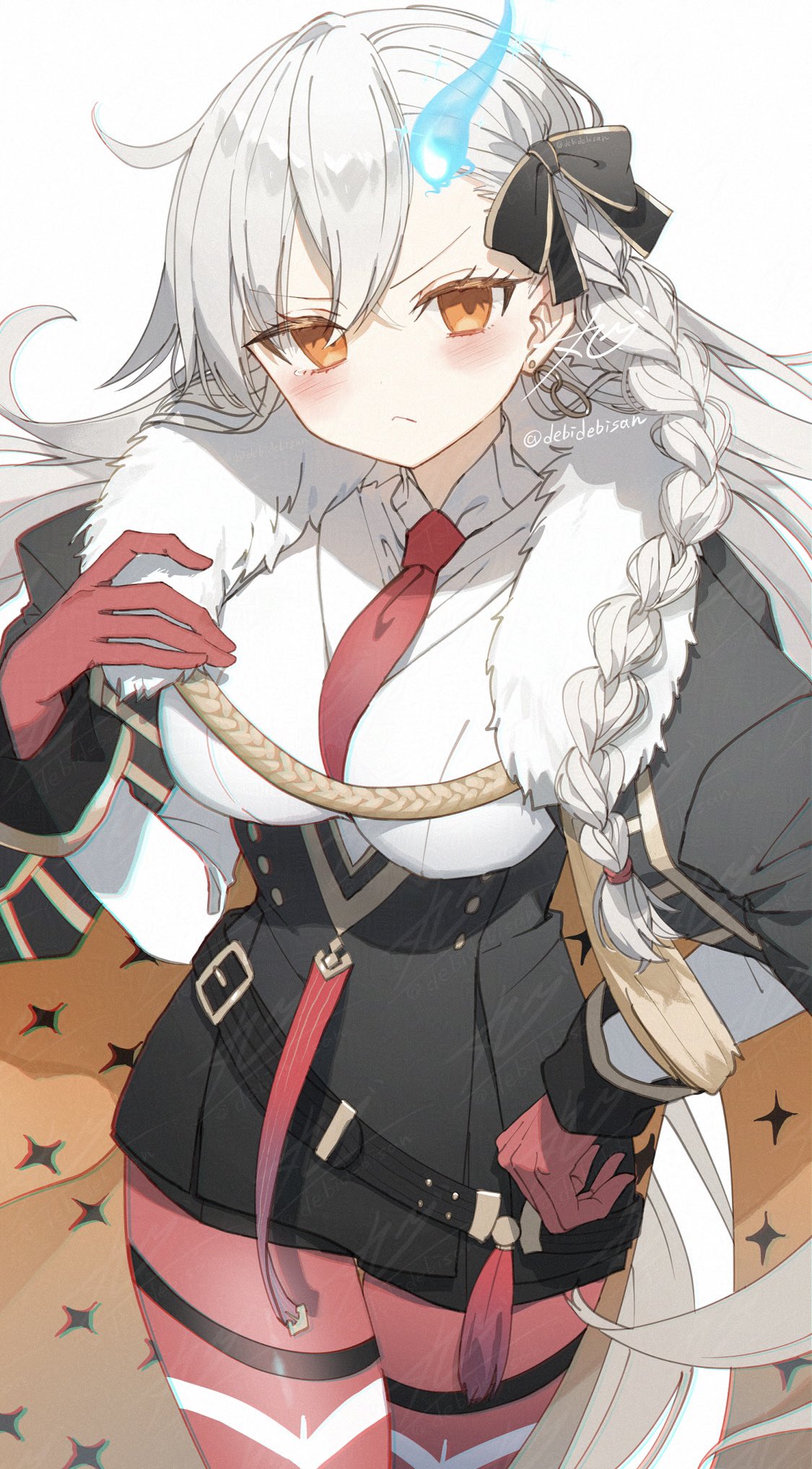 chibirisu, olga marie animusphere, olga marie animusphere (unbeast), fate/grand order, fate (series), highres, 1girl, between breasts, black jacket, black skirt, blue fire, blush, braid, breasts, brown eyes, closed mouth, collared shirt, earrings, fire, fur trim, gloves, hair between eyes, hand on own hip, horns, jacket, jewelry, large breasts, long hair, long sleeves, looking at viewer, necktie, necktie between breasts, open clothes, pantyhose, red gloves, red necktie, red pantyhose, shirt, side braid, simple background, single braid, single horn, skirt, solo, twitter username, v-shaped eyebrows, very long hair, white background, white hair, white shirt
