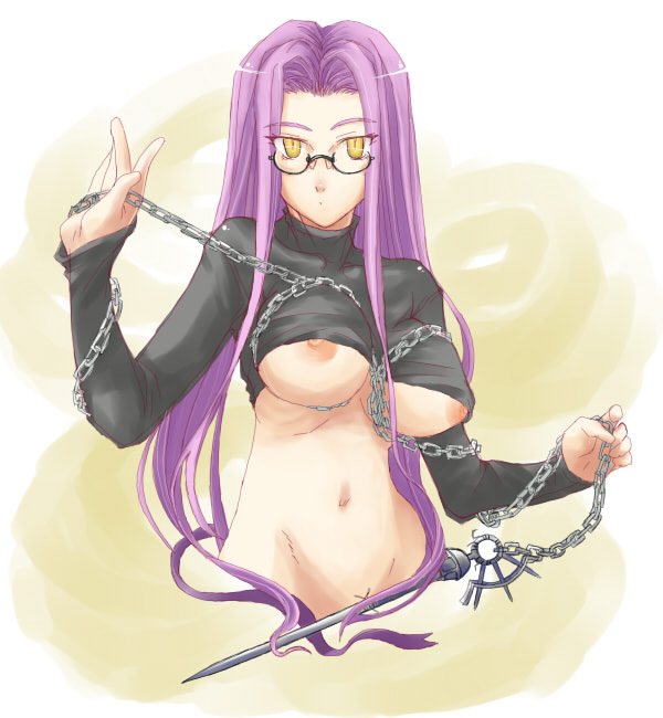 blue (ao maru), medusa (fate), medusa (rider) (fate), fate/stay night, fate (series), 00s, 1girl, breasts, chain, female focus, glasses, large breasts, long hair, midriff, nameless dagger (fate), official alternate costume, purple hair, solo, underboob, very long hair, yellow eyes
