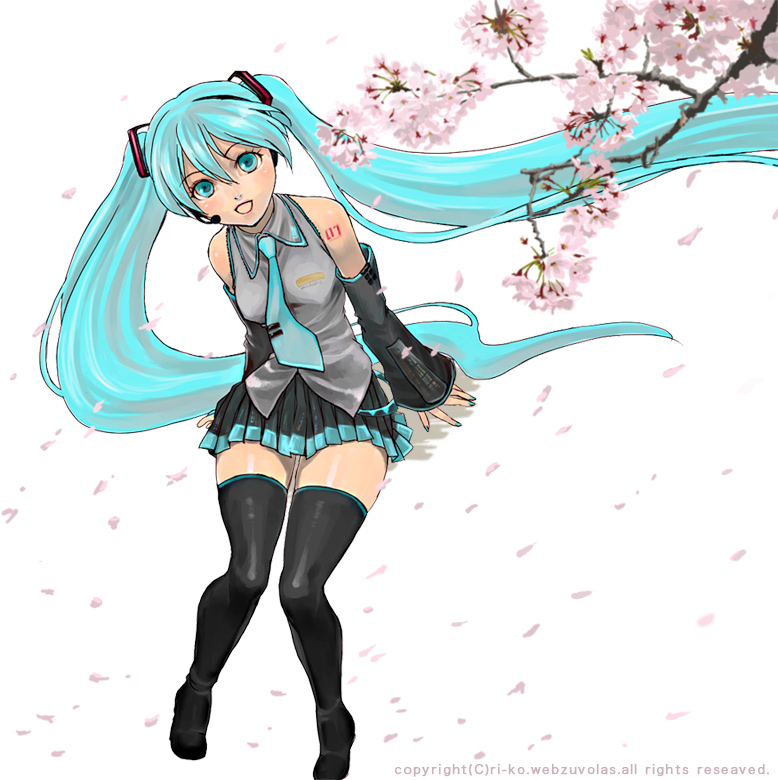 ri-ko, hatsune miku, vocaloid, bad id, bad pixiv id, blue eyes, blue hair, detached sleeves, flower, long hair, solo, thighhighs, twintails, very long hair, zettai ryouiki