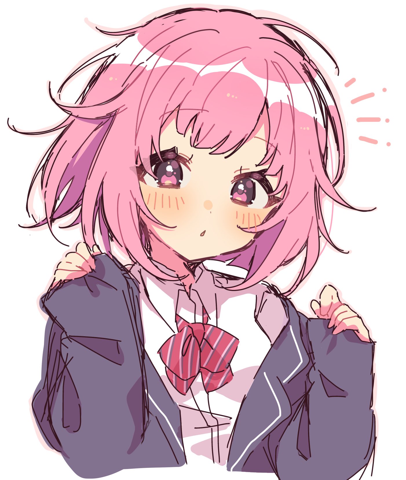 ra mntbti, ootori emu, project sekai, highres, 1girl, blazer, blush, bow, bowtie, collared shirt, diagonal-striped bow, diagonal-striped bowtie, diagonal-striped clothes, jacket, kamiyama high school uniform (project sekai), long sleeves, looking at viewer, notice lines, open clothes, parted lips, pink eyes, pink hair, red bow, red bowtie, school uniform, shirt, short hair, simple background, sleeves past wrists, solo, striped bow, striped bowtie, striped clothes, upper body, white background, white shirt