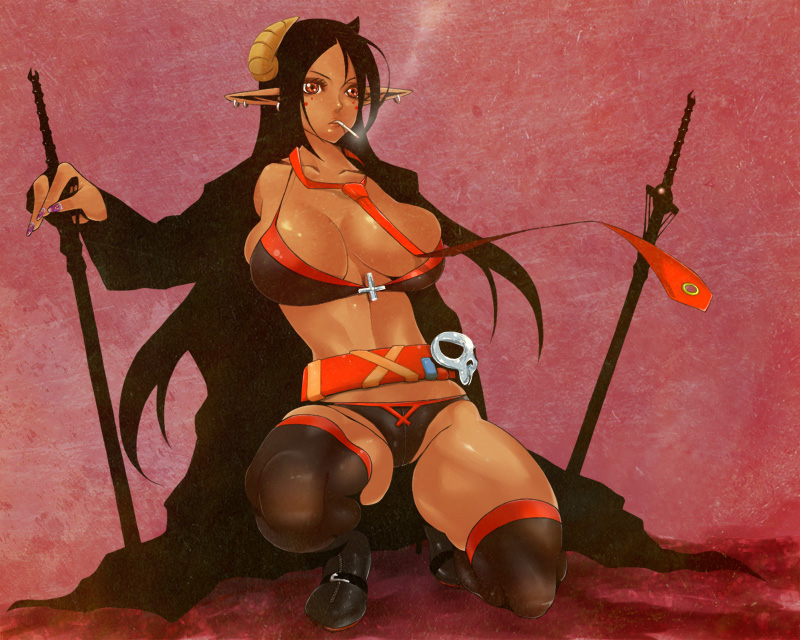 hdkg, original, 1girl, belt, bikini, bikini top only, black hair, breasts, brown eyes, cigarette, cleavage, curvy, dark-skinned female, dark skin, earrings, female focus, horns, huge breasts, jewelry, long hair, necktie, pointy ears, skull, smoking, solo, swimsuit, thighhighs