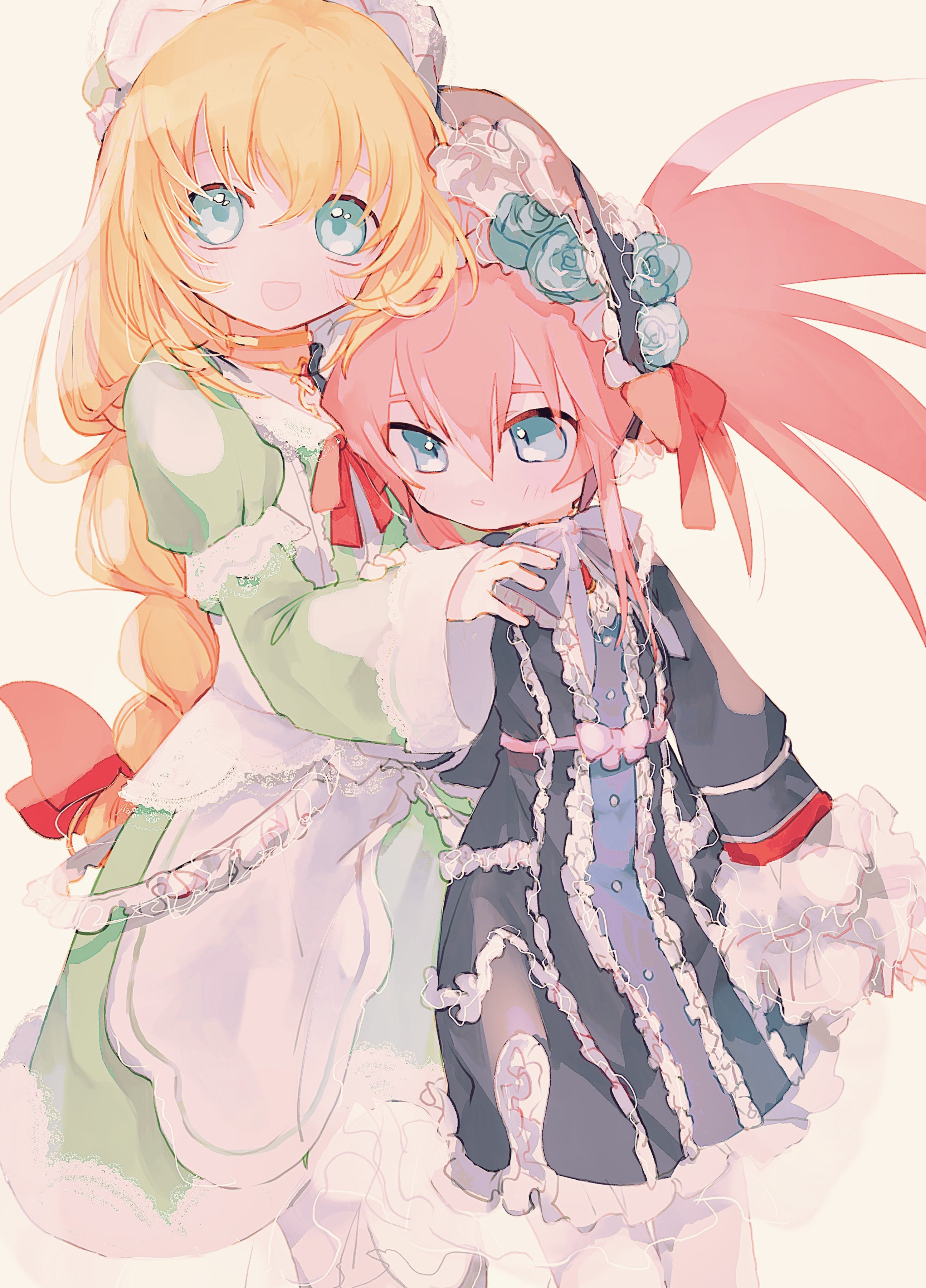 nancykittyu, colette brunel, presea combatir, tales of (series), tales of symphonia, absurdres, highres, apron, blonde hair, blue eyes, blue flower, blue ribbon, blue rose, blush, bonnet, braid, chest jewel, colette brunel (maid), dress, flower, frilled dress, frilled shirt collar, frilled skirt, frilled sleeves, frills, gold choker, green dress, hair ribbon, hand on another's shoulder, leggings, long hair, looking down, low ponytail, maid apron, maid headdress, pink hair, ponytail, presea combatir (little madam), puffy sleeves, purple bonnet, purple dress, red ribbon, ribbon, rose, simple background, skirt, spiked hair, twintails, white leggings