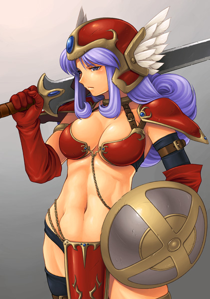 noise (tsuzuki), warrior (dq3), chunsoft, dragon quest, dragon quest iii, enix, square enix, 1girl, abs, armor, bikini, bikini armor, black thighhighs, blue hair, breasts, cleavage, elbow gloves, female focus, gloves, helmet, large breasts, loincloth, muscular, navel, purple hair, shield, solo, swimsuit, sword, thigh strap, thighhighs, toned, weapon