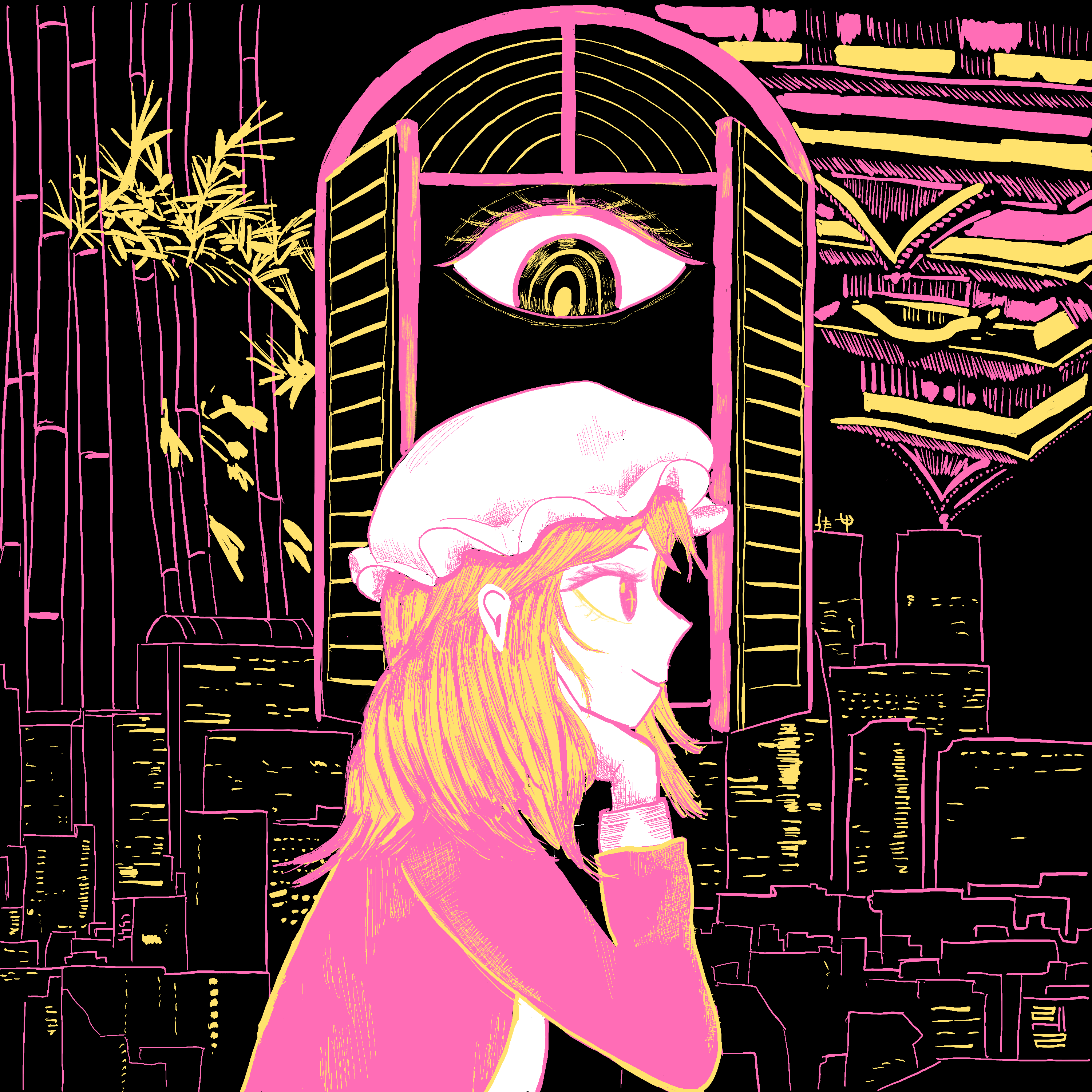 maribel hearn, touhou, absurdres, highres, 1girl, blonde hair, dress, hat, mob cap, purple dress, wrell