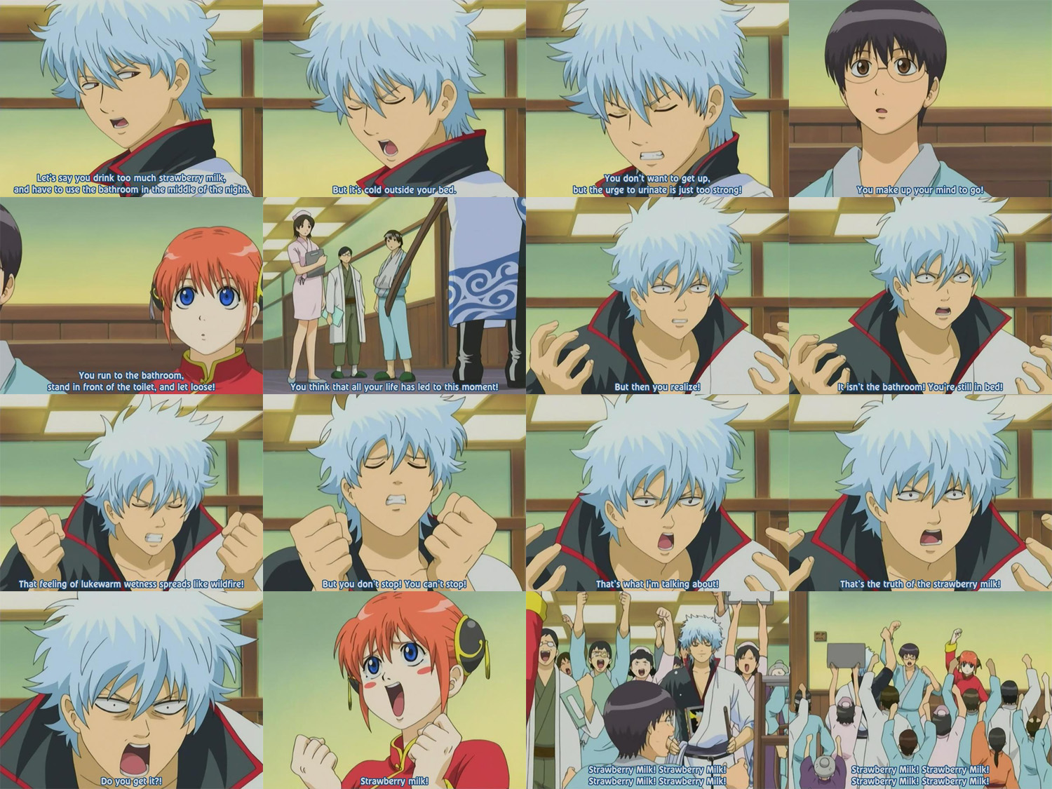kagura (gintama), sakata gintoki, shimura shinpachi, gintama, anime screenshot, stitched, third-party edit, 00s, 6+boys, 6+girls, fansub, multiple boys, multiple girls, strawberry milk, subtitled, truth