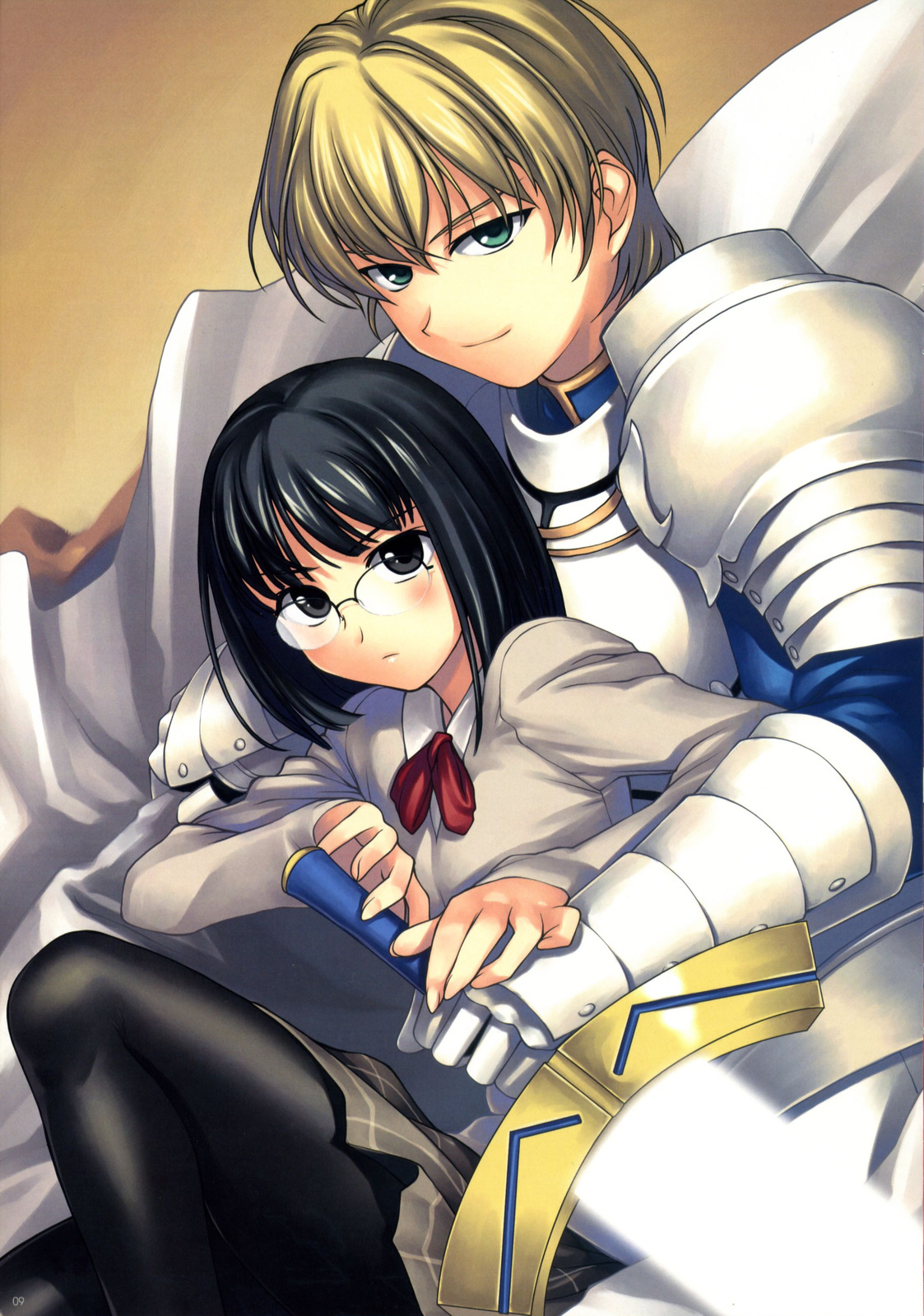 tanaka shoutarou, archetype saber, arthur pendragon (fate), artoria pendragon (fate), saber (fate), sajou ayaka (fate/prototype), saver (fate/prototype), fate/prototype, fate/stay night, fate (series), gender request, highres, 00s, 1boy, 1girl, armor, black pantyhose, genderswap, glasses, pantyhose, prototype design, sword, weapon