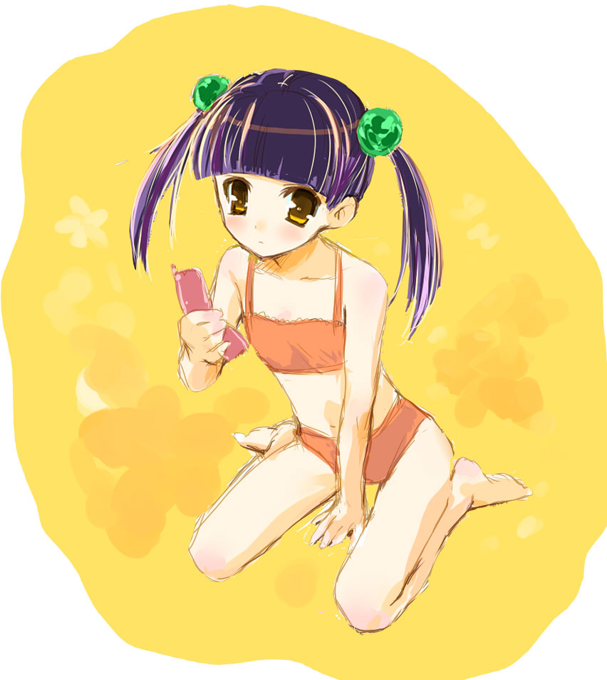shige, otonashi meru, sayonara zetsubou sensei, 00s, barefoot, bikini, cellphone, flat chest, orange bikini, phone, sketch, solo, swimsuit, tankini