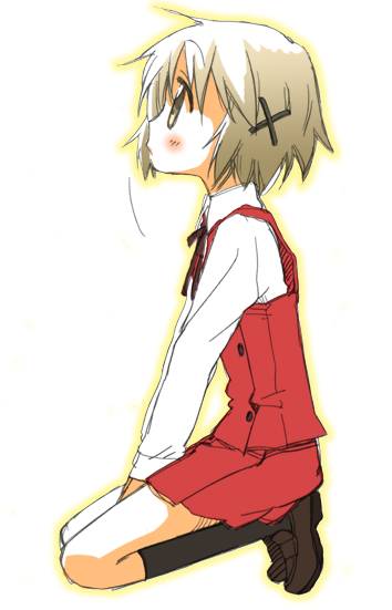 mikami komata, mikami konu, yuno (hidamari sketch), hidamari sketch, 00s, 1girl, blush, brown eyes, brown hair, female focus, school uniform, short hair, simple background, skirt, solo, v arms, white background, yamabuki high school uniform