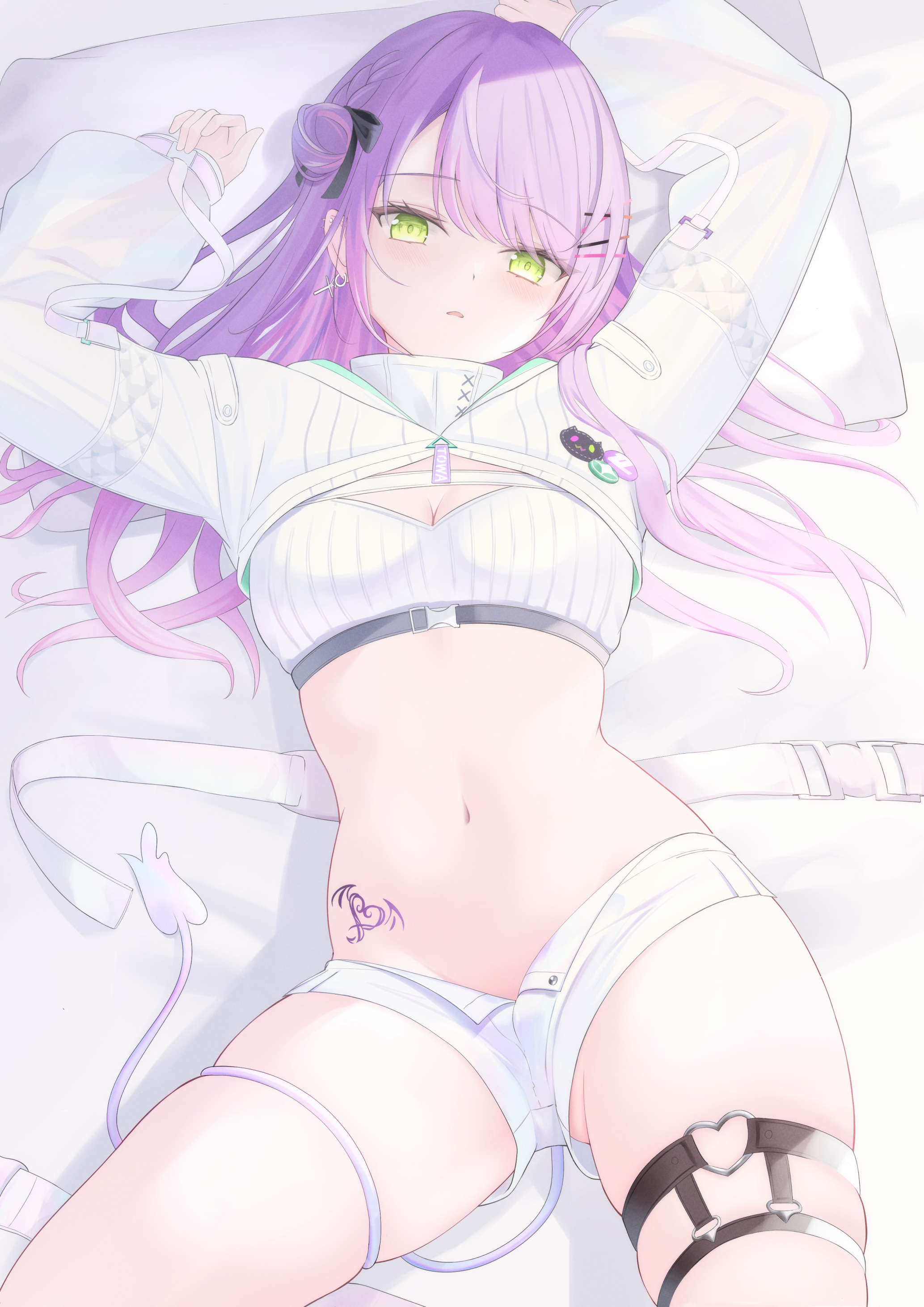 seriponpoyon, tokoyami towa, tokoyami towa (cyberpunk), hololive, absurdres, highres, 1girl, bed sheet, breasts, chest belt, cleavage, colored inner hair, demon girl, demon tail, earrings, gradient hair, green eyes, hair bun, hip tattoo, hooded shrug, jewelry, long hair, long sleeves, looking at viewer, lying, micro shorts, multicolored hair, official alternate costume, on back, pink hair, pointy ears, puffy long sleeves, puffy sleeves, purple hair, shorts, shrug (clothing), side up bun, single hair bun, solo, stomach, strapless, swept bangs, tail, tattoo, thigh strap, tube top, virtual youtuber, white shorts, white shrug, white tube top, winged heart, winged heart tattoo