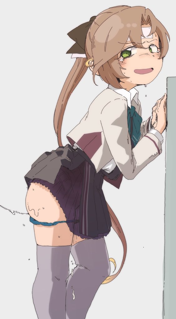 dova, akigumo (kancolle), akigumo kai ni (kancolle), kantai collection, 1girl, against wall, aqua bow, aqua bowtie, black ribbon, blush, bow, bowtie, brown hair, cold pack, green eyes, green panties, grey thighhighs, hair ribbon, jacket, long hair, mole, mole under eye, panties, panty pull, ponytail, pussy juice, pussy juice trail, ribbon, thighhighs, underwear