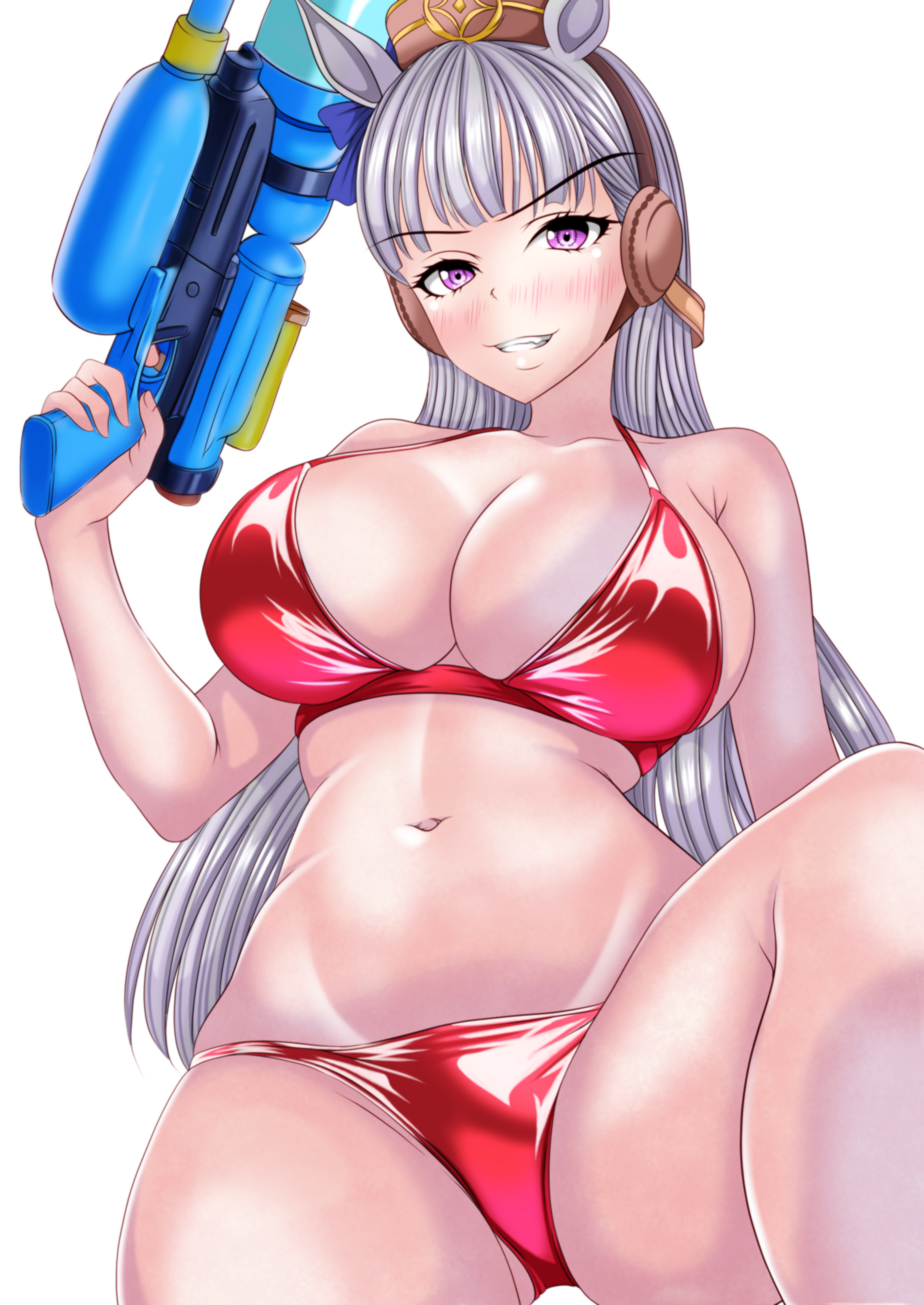 hagesan3345, gold ship (umamusume), umamusume, absurdres, commentary request, highres, 1girl, animal ears, bikini, breasts, brown hat, grey hair, hat, holding, holding water gun, horse ears, horse girl, large breasts, long hair, looking at viewer, navel, pink eyes, red bikini, smile, solo, swimsuit, water gun