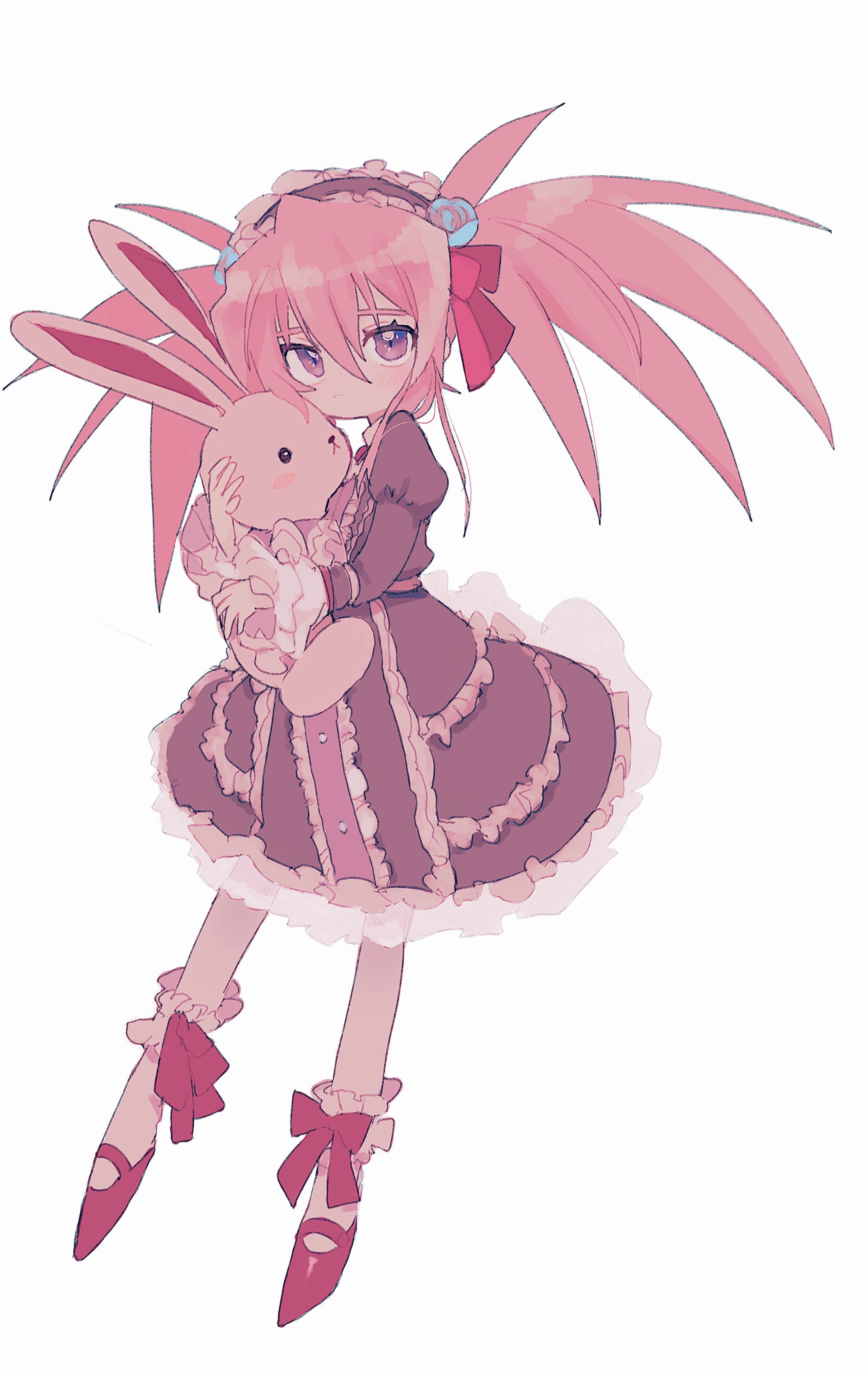 nancykittyu, presea combatir, tales of (series), tales of symphonia, absurdres, highres, ankle cuffs, blue eyes, blue flower, blue rose, chest jewel, dress, flower, frilled dress, frilled shirt collar, frilled skirt, frilled sleeves, frills, holding, holding stuffed toy, leggings, maid headdress, pink hair, presea combatir (little madam), puffy sleeves, purple dress, red ribbon, ribbon, rose, simple background, skirt, spiked hair, stuffed animal, stuffed toy, twintails, white background, white leggings
