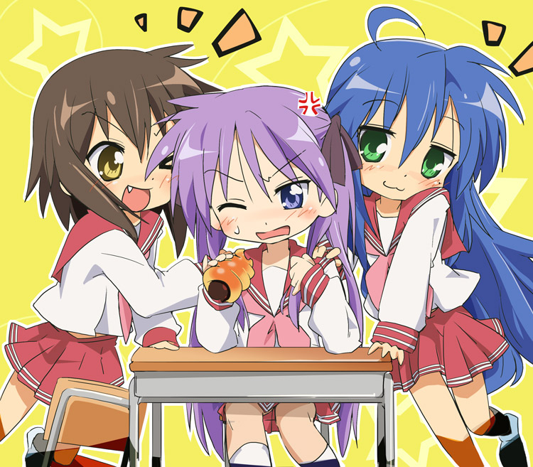 ixy, hiiragi kagami, izumi konata, kusakabe misao, lucky star, light purple hair, 00s, 3girls, :3, anger vein, annoyed, blue hair, brown hair, chocolate cornet, desk, eating, fang, food, green eyes, long hair, mole, mole under eye, multiple girls, purple eyes, school uniform, serafuku, short hair, sitting, smile, twintails, very long hair, wince, yellow eyes
