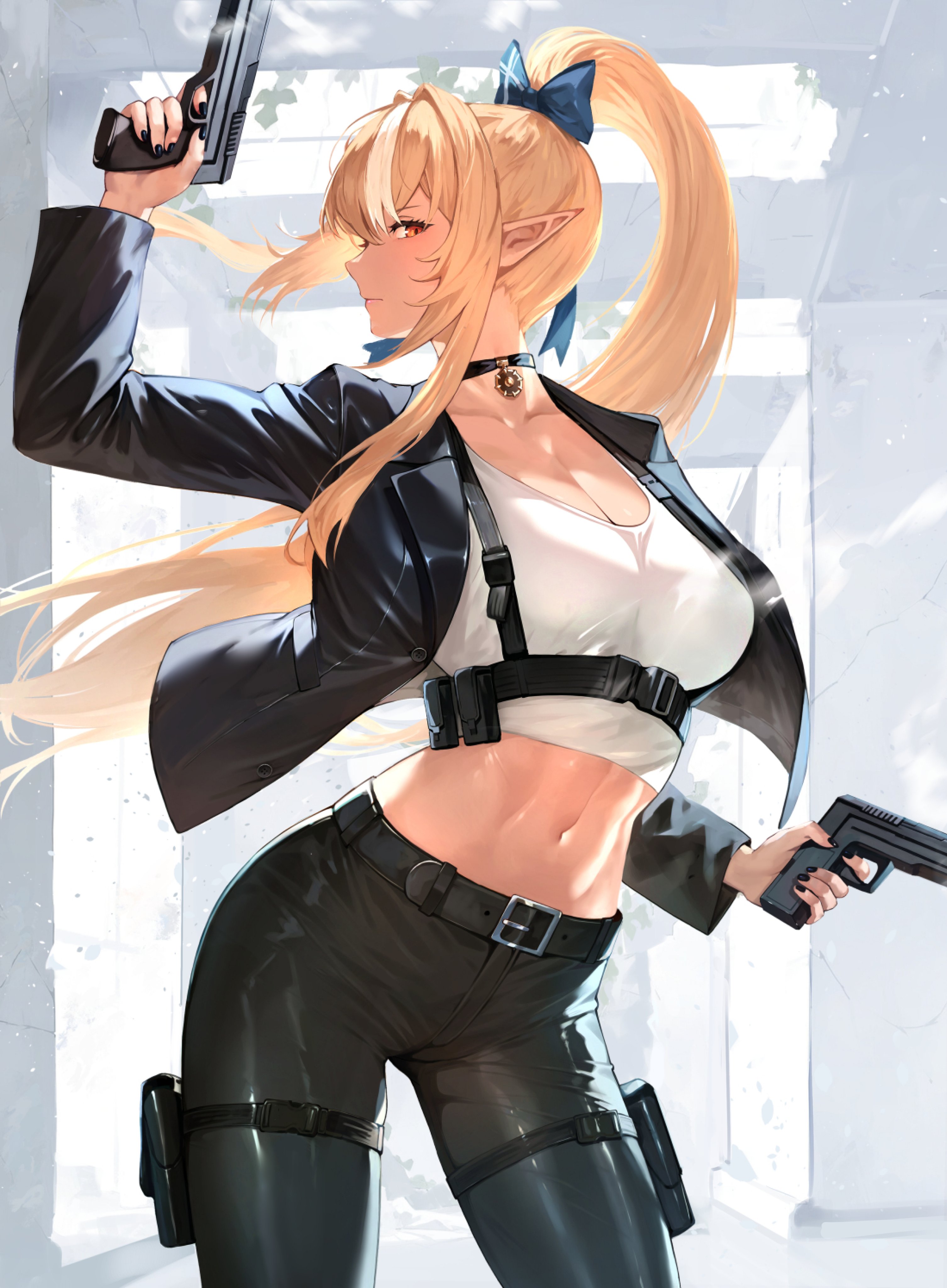 maro2ki3, shiranui flare, hololive, absurdres, highres, 1girl, alternate costume, belt, black belt, black choker, black jacket, black nails, black pants, blonde hair, blue bow, bow, breasts, brown hair, chest harness, choker, contrapposto, cowboy shot, crop top, dual wielding, elf, finger on trigger, fingernails, floating hair, gun, hair bow, handgun, harness, high ponytail, holding, holding gun, holding weapon, jacket, large breasts, long fingernails, long hair, long pointy ears, long sleeves, looking at viewer, midriff, nail polish, navel, open clothes, open jacket, pants, pendant choker, pointy ears, ponytail, pouch, profile, shirt, solo, standing, thigh pouch, thigh strap, tight clothes, tight pants, very long hair, virtual youtuber, weapon, white shirt