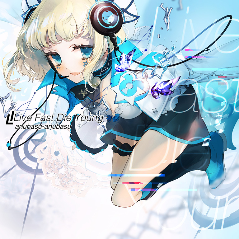 cierra (ra-bit), eto (arcaea), arcaea, non-web source, 1girl, beret, black boots, black shoes, black shorts, blonde hair, blue bow, blue eyes, blue shirt, boots, bow, buttons, cable, cape, curly hair, english text, facial tattoo, floating, frilled sleeves, frilled thighhighs, frills, full body, hat, large buttons, layered skirt, leg ribbon, long sleeves, miniskirt, open mouth, pleated skirt, ribbon, scissors, shirt, shoes, short hair, shorts, skirt, smile, solo, star (symbol), star tattoo, straight hair, tattoo, thighhighs, white bow, white cape, white hair, white hat, wrist cuffs