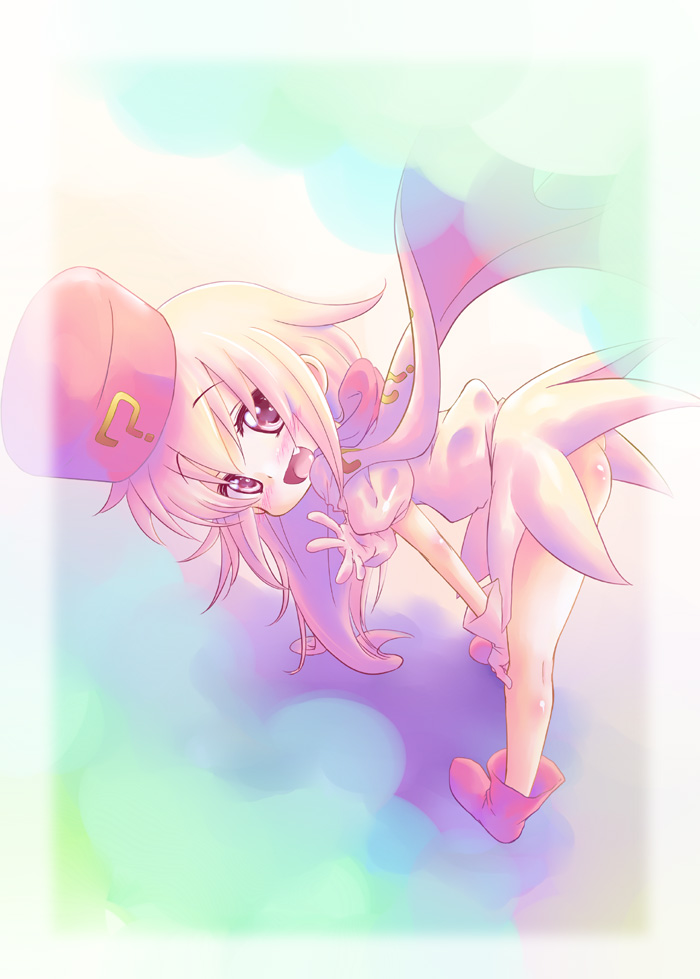 mikage baku, hatena yousei, benesse, 1girl, :d, ankle boots, bare legs, bent over, blonde hair, blush, boots, fang, female focus, hat, long hair, looking at viewer, no panties, open mouth, pink eyes, pink hat, puffy short sleeves, puffy sleeves, red boots, short sleeves, smile, solo, standing