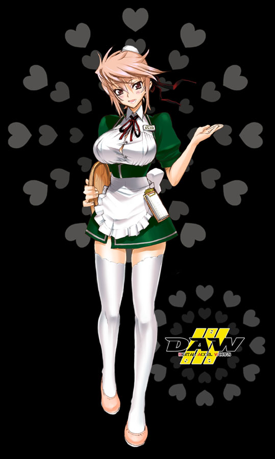 satou shouji, 1girl, black background, breasts, brown eyes, brown hair, female focus, full body, pink shoes, shoes, solo, standing, thighhighs, waitress, white thighhighs