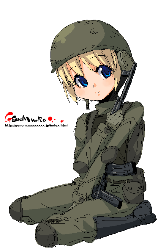 onija tarou, call of duty, call of duty 4, original, 1girl, assault rifle, blonde hair, blue eyes, boots, female focus, gun, helmet, kneeling, military, military uniform, oekaki, rifle, short hair, sitting, sketch, solo, stg44, weapon