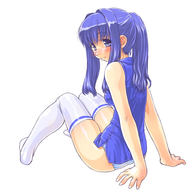 dd (ijigendd), original, bad id, bad pixiv id, arm support, blue eyes, blue hair, blush, long hair, panties, ponytail, sitting, solo, striped clothes, striped panties, thighhighs, underwear