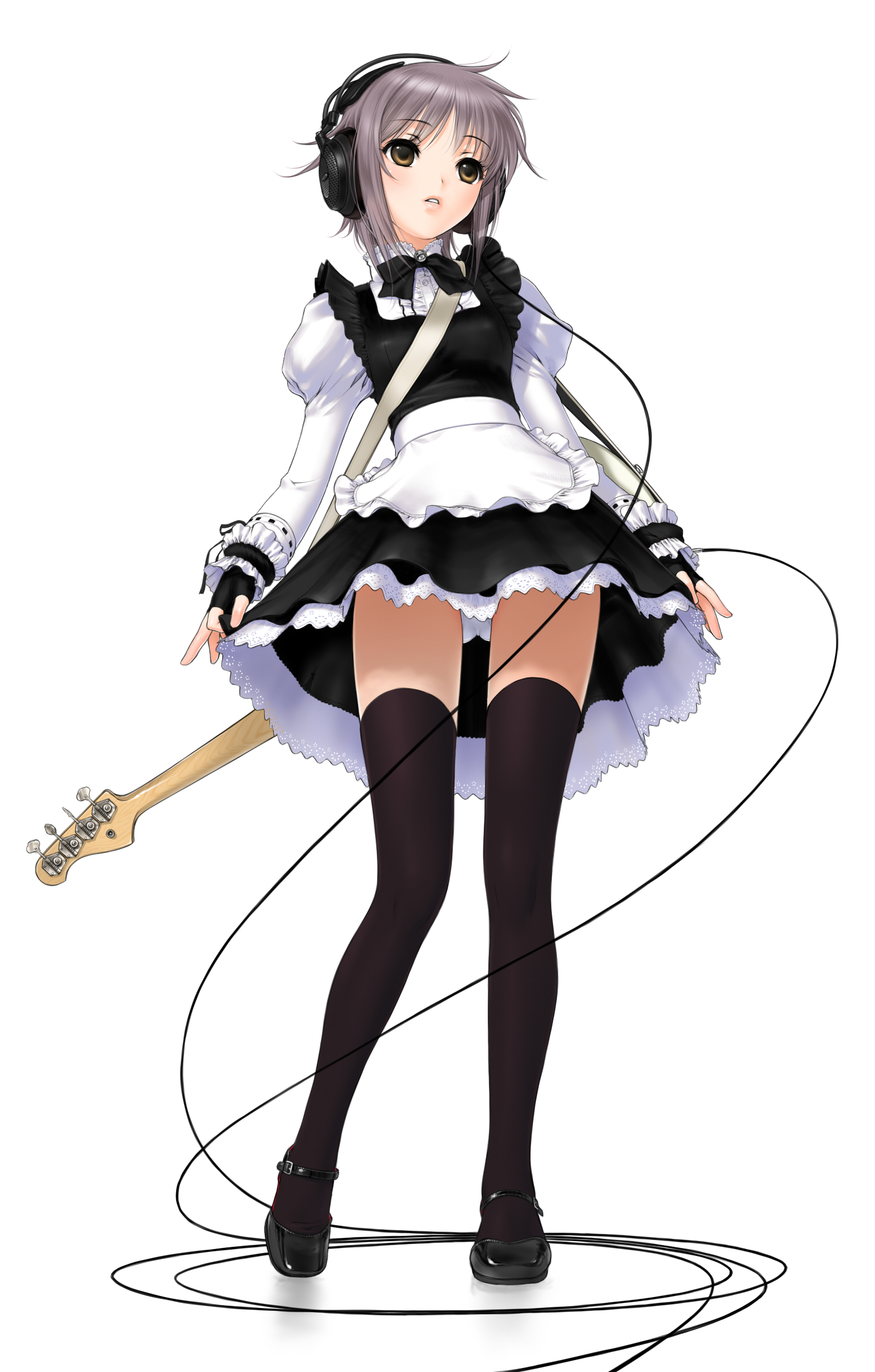sano toshihide, nagato yuki, tissue princess, suzumiya haruhi no yuuutsu, absurdres, bad id, bad pixiv id, highres, md5 mismatch, 00s, 1girl, bass guitar, female focus, from below, full body, headphones, instrument, legs, maid, mary janes, panties, pantyshot, parted lips, shoes, simple background, solo, standing, thighhighs, underwear, white background