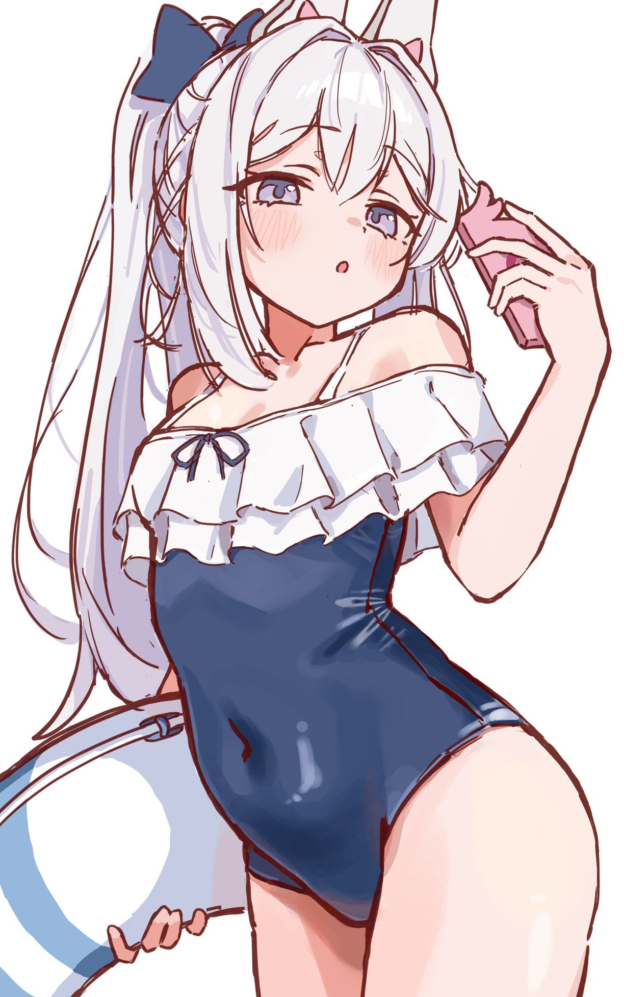 masute, miyako (blue archive), miyako (swimsuit) (blue archive), blue archive, highres, 1girl, animal ears, bare shoulders, blue bow, blue one-piece swimsuit, blush, bow, breasts, casual one-piece swimsuit, cellphone, collarbone, covered navel, cowboy shot, fake animal ears, frilled one-piece swimsuit, frills, grey hair, hair between eyes, hair bow, halo, holding, holding phone, holding swim ring, innertube, long hair, looking at viewer, off-shoulder one-piece swimsuit, off shoulder, official alternate costume, one-piece swimsuit, parted lips, phone, ponytail, purple eyes, rabbit ears, simple background, small breasts, smartphone, smartphone case, solo, swim ring, swimsuit, white background, white hair