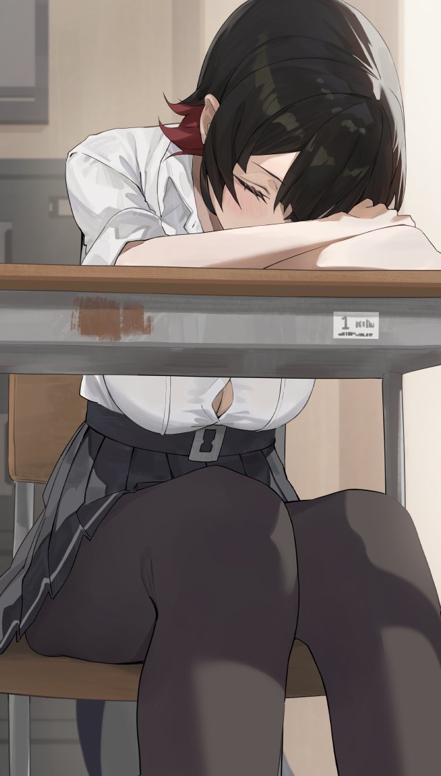 naig (naiji), ellen joe, ellen joe (on campus), zenless zone zero, hashtag-only commentary, 1girl, black hair, black pantyhose, black skirt, blush, breasts, button gap, chair, classroom, cleavage, closed eyes, colored inner hair, desk, fins, fish tail, large breasts, multicolored hair, pantyhose, pleated skirt, school chair, school desk, school uniform, shark girl, shark tail, shirt, sitting, skirt, sleeping, solo, tail, white shirt