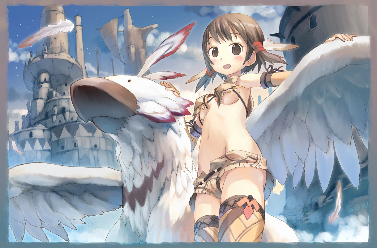 tougetsu gou, original, painttool sai (medium), 1girl, animal, armband, bikini, blush, breasts, brown eyes, brown hair, building, castle, cloud, feather hair ornament, feathers, female focus, griffin, hair ornament, looking at viewer, low twintails, monster, navel, open mouth, short hair, sky, small breasts, smile, solo, swimsuit, thighhighs, tribal, twintails, underboob