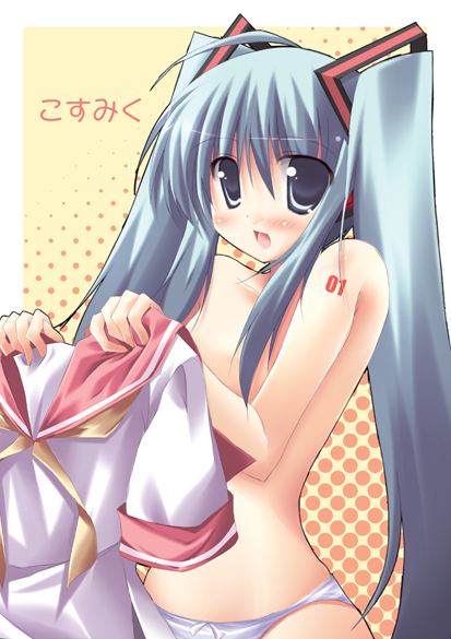 nitoki, hatsune miku, vocaloid, long hair, panties, school uniform, serafuku, solo, topless female, twintails, underwear, very long hair