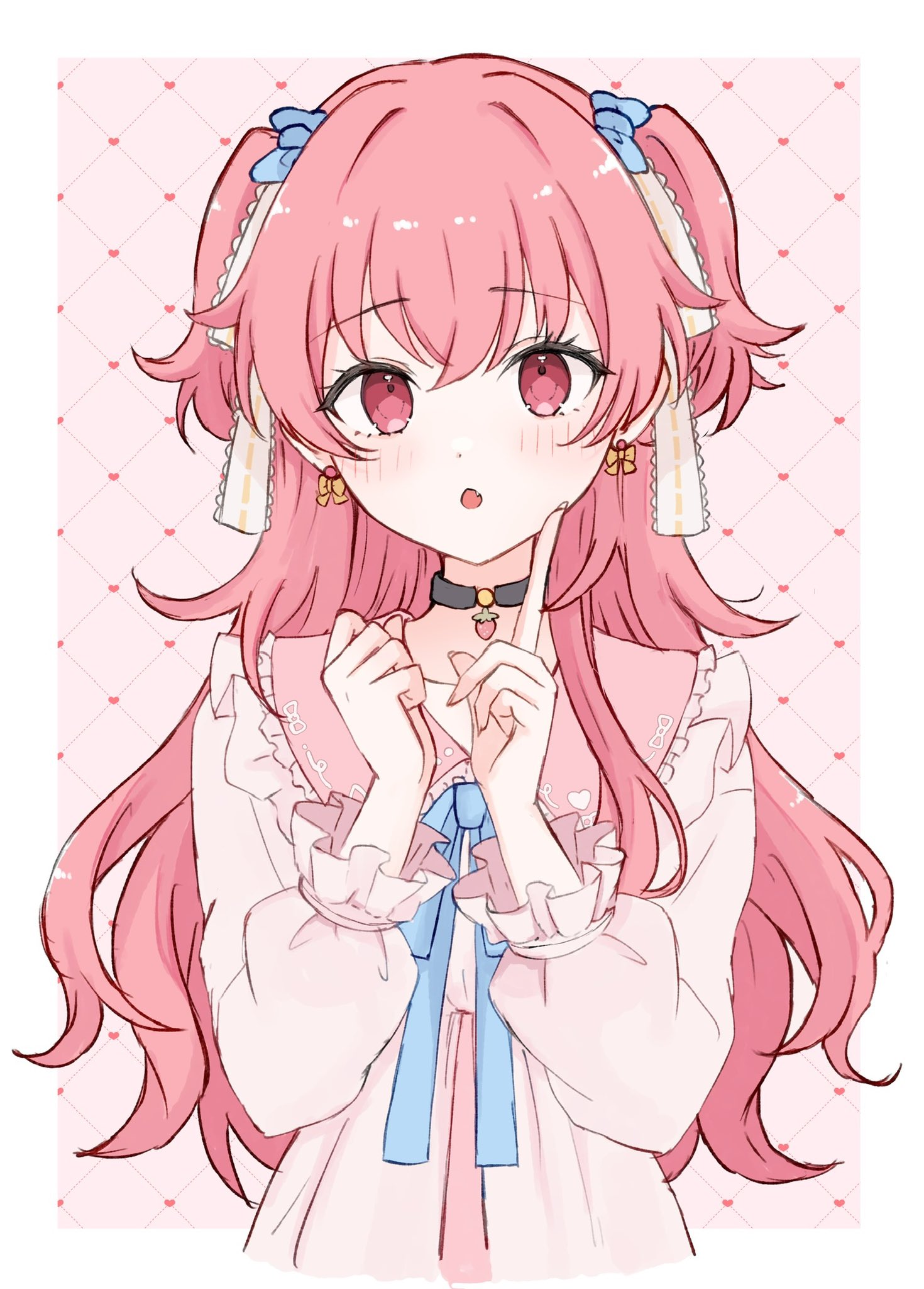 azuki (az my), momoi airi, project sekai, highres, 1girl, black choker, blue bow, blush, bow, choker, dress, earrings, frills, hair bow, heart, jewelry, long hair, long sleeves, looking at viewer, open mouth, pink background, pink eyes, pink hair, pink sailor collar, ribbon, sailor collar, solo, two side up, white ribbon