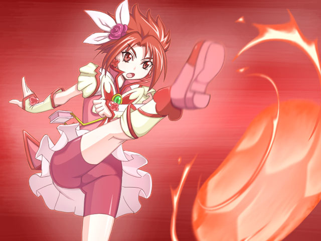 caryo, nanashino, cure rouge, natsuki rin, precure, yes! precure 5, yes! precure 5 gogo!, 00s, 1girl, attack, ball, earrings, female focus, fingerless gloves, fire, gloves, jewelry, kicking, magical girl, red background, red eyes, red hair, red shorts, red theme, ribbon, shorts, shorts under skirt, soccer ball, solo, spiked hair, upskirt