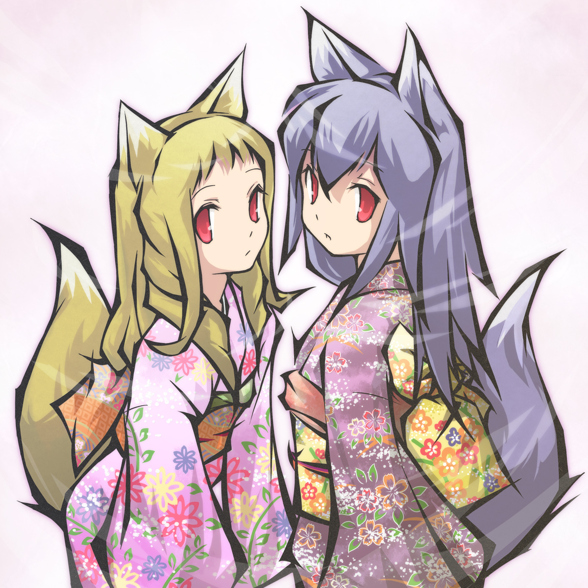 haiiro (hi ghi ro), highres, 2girls, animal ears, blonde hair, blue hair, fox ears, fox tail, japanese clothes, kimono, multiple girls, red eyes, tail