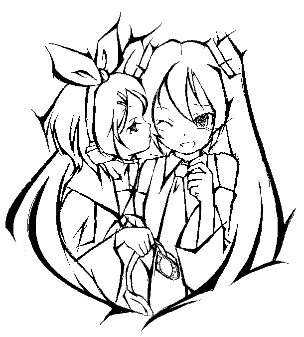 haiiro (hi ghi ro), hatsune miku, kagamine rin, vocaloid, 2girls, greyscale, monochrome, multiple girls, oekaki, one eye closed, wink, yuri