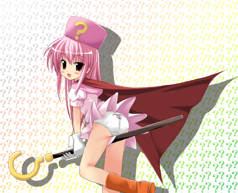 kiriya haruhito, hatena yousei, benesse, kiriya, 1girl, :d, ?, between legs, blush, boots, fang, female focus, hat, long hair, looking at viewer, open mouth, panties, pink hair, pink hat, print panties, red eyes, smile, solo, staff, underwear, white panties