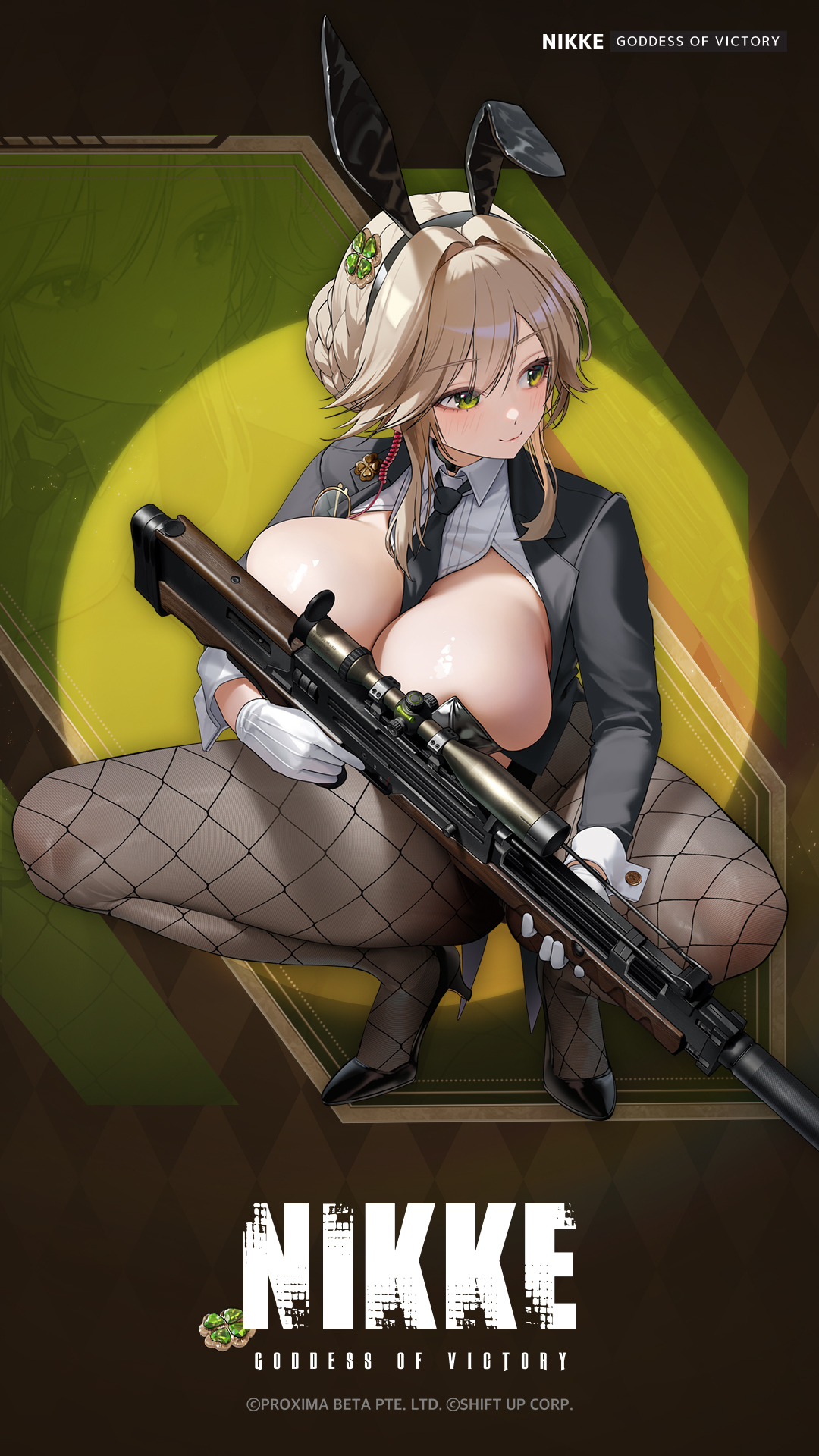 ade (nikke), goddess of victory: nikke, commentary, english commentary, highres, official art, 1girl, ade (agent bunny) (nikke), animal ears, between breasts, black choker, black leotard, black necktie, black pantyhose, black shirt, breasts, brown eyes, choker, cleavage, closed mouth, clover hair ornament, fake animal ears, fishnet pantyhose, fishnets, gloves, green eyes, gun, hair bun, hair ornament, holding, holding gun, holding weapon, large breasts, leotard, long hair, long sleeves, necktie, necktie between breasts, official alternate costume, pantyhose, playboy bunny, rabbit ears, rifle, shirt, smile, sniper rifle, solo, weapon, white gloves, wrist cuffs