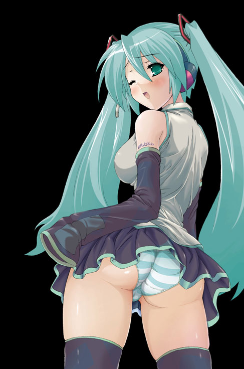testa, hatsune miku, vocaloid, yamaha, 1girl, aqua eyes, aqua hair, ass, back, black thighhighs, detached sleeves, female focus, from behind, green panties, long hair, looking back, miniskirt, one eye closed, open mouth, panties, pantyshot, skirt, solo, standing, striped clothes, striped panties, thighhighs, thighs, trefoil, twintails, underwear, upskirt, wink