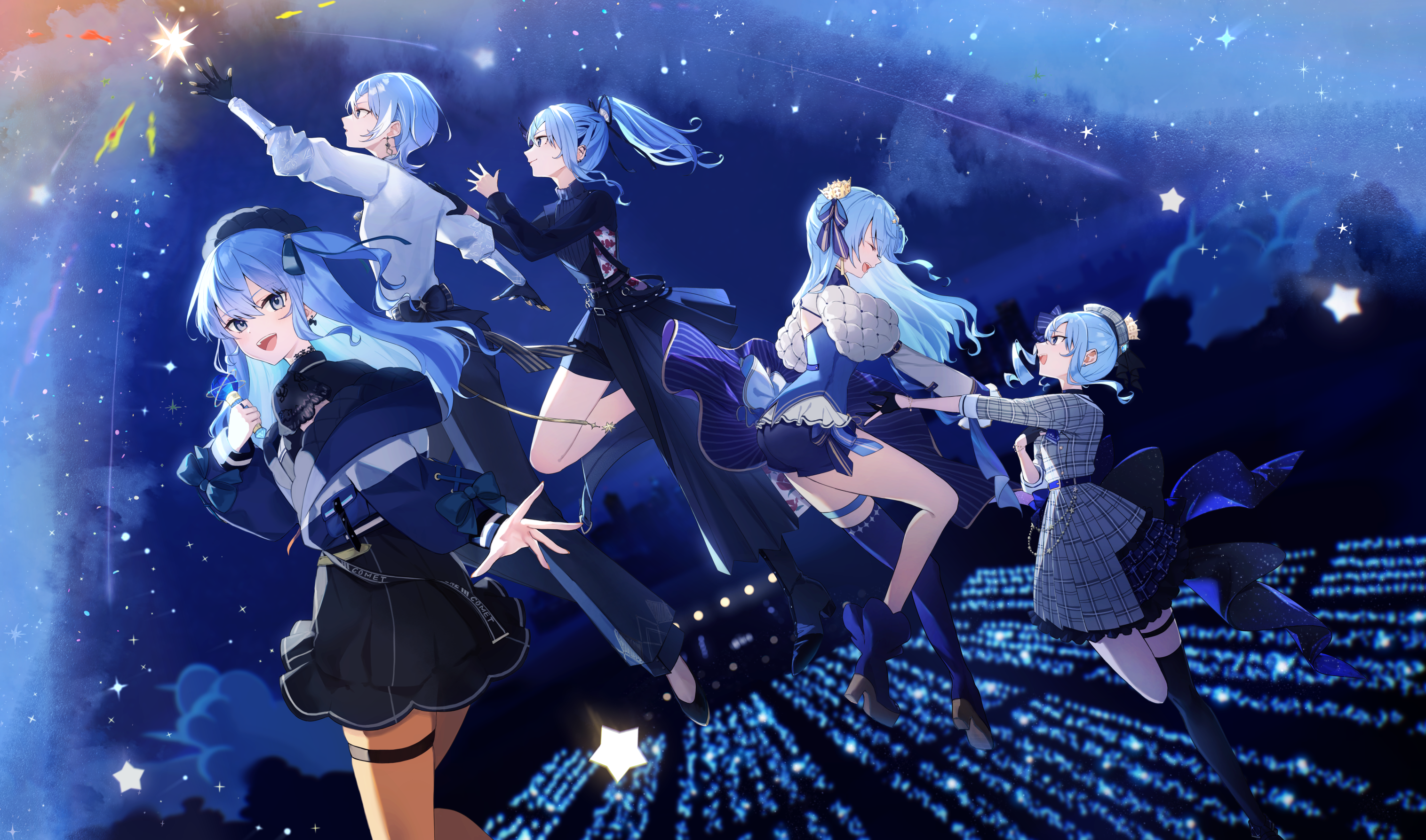 aya02ka, hoshimachi suisei, hoshimachi suisei (1st costume), hoshimachi suisei (casual), hoshimachi suisei (shout in crisis), hoshimachi suisei (spectra of nova), hoshimachi suisei (stellar into the galaxy), hololive, highres, 5girls, ascot, asymmetrical sleeves, belt, beret, blue ascot, blue belt, blue choker, blue hair, body jewelry, bow, bow earrings, bracelet, chest belt, choker, crown, double-parted bangs, earrings, floral print, gloves, green ribbon, grey hat, half gloves, hat, high-waist pants, holding, holding microphone, jacket, jewelry, lace, lace choker, lace sleeves, long hair, microphone, mini crown, mismatched sleeves, multiple girls, multiple persona, official alternate costume, official alternate hair length, official alternate hairstyle, on crescent, open mouth, orange pantyhose, overskirt, pants, pantyhose, partially fingerless gloves, plaid clothes, plaid hat, plaid jacket, quilted clothes, quilted headwear, quilted jacket, ribbon, rose print, shirt tucked in, side ponytail, single glove, single half glove, smile, star (sky), star (symbol), star bracelet, star in eye, symbol in eye, tilted headwear, virtual youtuber, waist bow, wolf cut