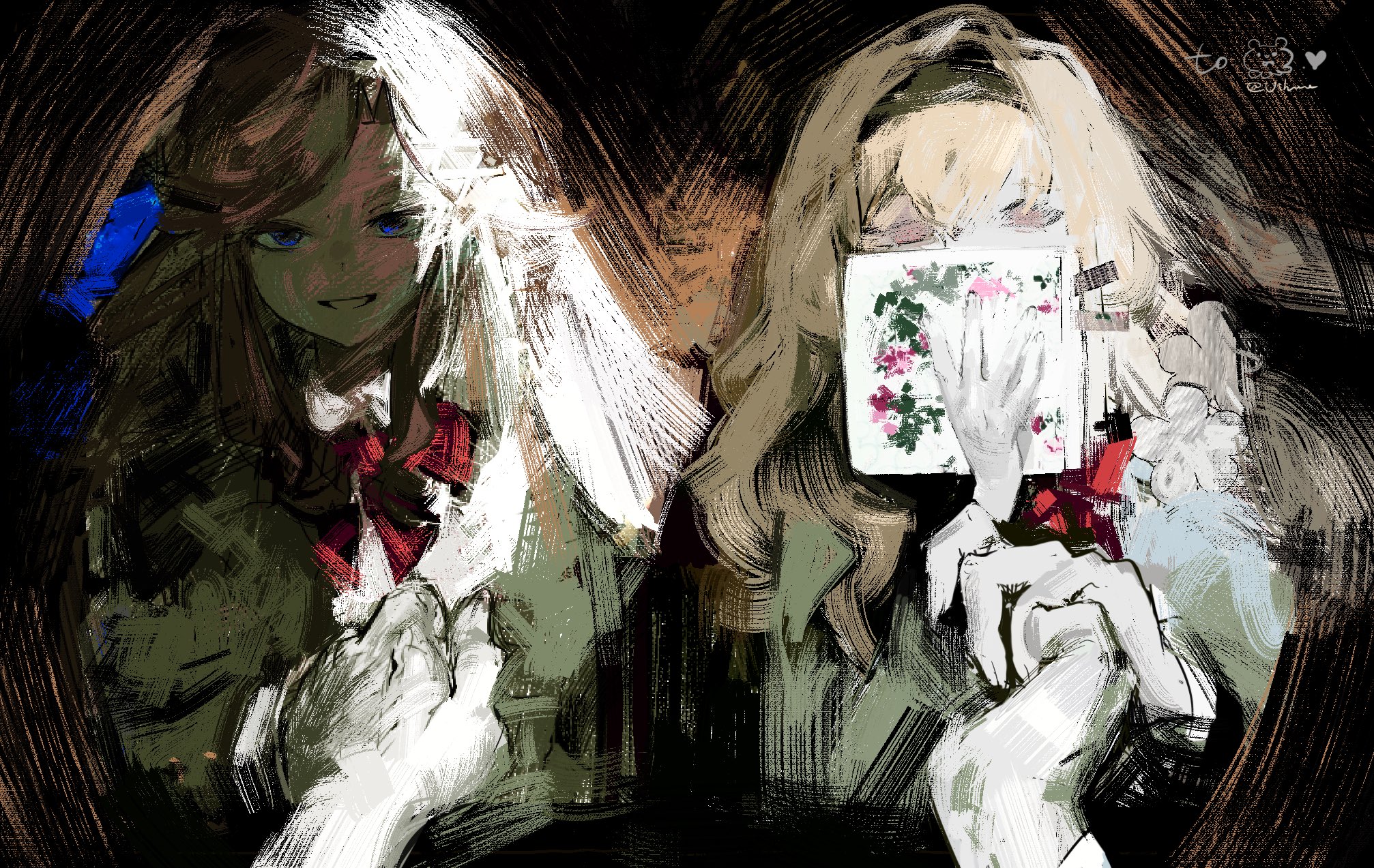 vihua6, saijou claudine, tendou maya, shoujo kageki revue starlight, hashtag-only commentary, highres, 2girls, black background, black hairband, blonde hair, blue bow, blue eyes, book, bow, bowtie, brown hair, covered mouth, female pov, grey jacket, grin, hair bow, hair ornament, hairband, hand up, hands up, heart, holding, holding book, holding hands, jacket, long hair, long sleeves, looking at viewer, multiple girls, multiple views, open clothes, open jacket, parted bangs, parted lips, pink eyes, pov, pov hands, red bow, red bowtie, school uniform, seishou music academy uniform, shirt, smile, twitter username, white shirt, x hair ornament