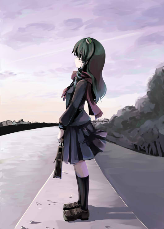 gatau, kochiya sanae, touhou, 1girl, alternate costume, black socks, blush, capelet, city, cityscape, cloud, dress, female focus, frog hair ornament, full body, hair ornament, hair tubes, kneehighs, loafers, long hair, outdoors, pinafore dress, pleated skirt, profile, road, scarf, school uniform, serafuku, shoes, sidewalk, skirt, sky, sleeveless dress, snake hair ornament, socks, solo, standing, straight hair, sunset, tree, yellow eyes