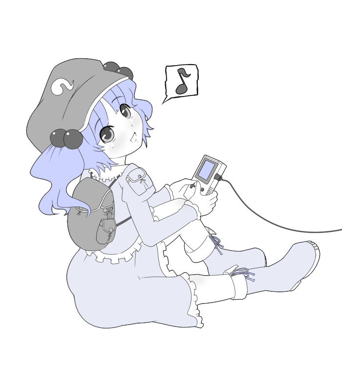 torque, kawashiro nitori, touhou, 1girl, blue theme, female focus, game boy, game boy (original), game link cable, handheld game console, monochrome, musical note, playing games, quaver, simple background, solo, speech bubble, spoken musical note, two side up, video game, white background