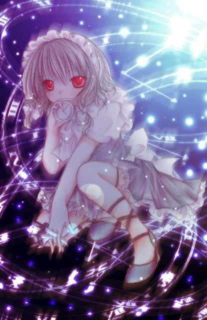 kasuga sunao, izayoi sakuya, touhou, 1girl, blue dress, bonnet, bow, clock, dress, female focus, frills, glowing, grey shoes, knife, red eyes, shoes, solo, white bow