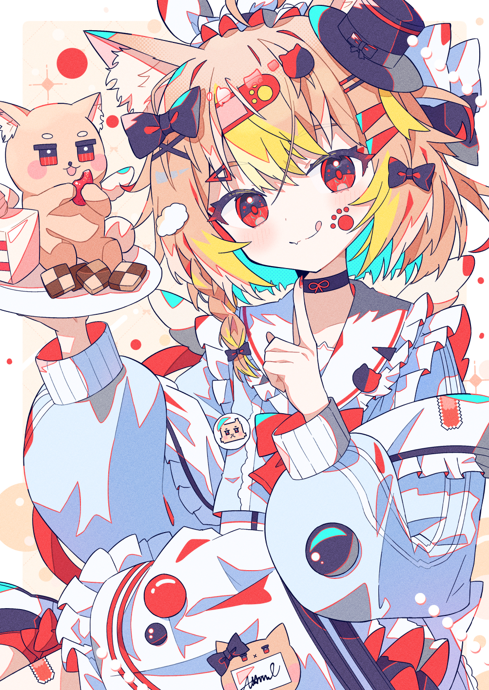 aramedraw, original, commentary, highres, 1girl, :q, ahoge, animal ear fluff, animal ears, apron, bandaid, bandaid hair ornament, black bow, black choker, black hat, blonde hair, blue jacket, blush, border, bow, cake, cake slice, cat, cat ears, cat girl, checkerboard cookie, choker, closed mouth, cookie, fang, fang out, food, frilled apron, frills, hair bow, hair ornament, hat, holding, holding plate, jacket, jersey maid, long sleeves, looking at viewer, maid, outside border, plate, red eyes, short hair, simple background, skin fang, smile, solo, tongue, tongue out, track jacket, unconventional maid, upper body, waist apron, white apron, white border, x hair ornament, yellow background