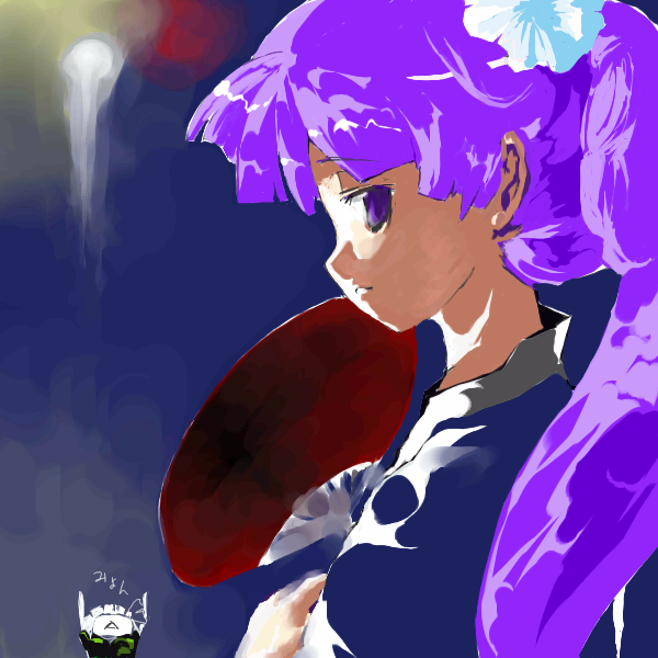 mo, shunsei (muratou), patchouli knowledge, touhou, 1girl, faux traditional media, female focus, hand fan, paper fan, profile, solo, speed painting, uchiwa, upper body