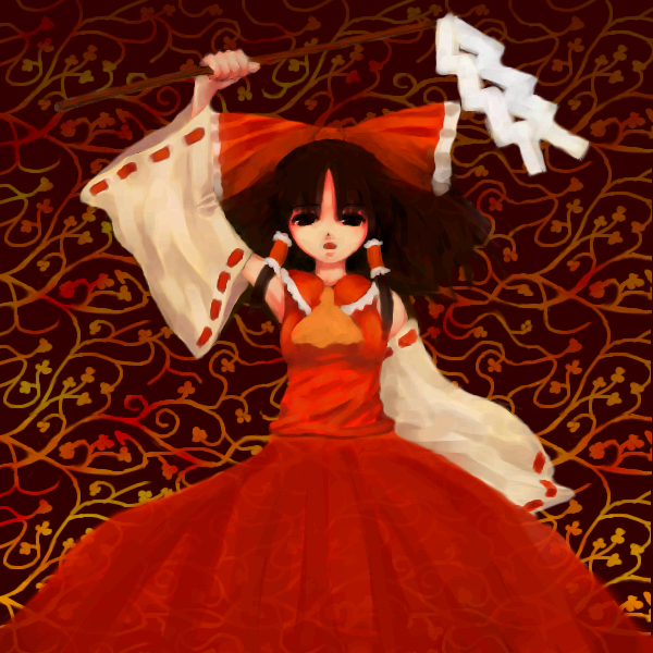 circlek, hakurei reimu, touhou, ornament, 1girl, black eyes, bow, dress, female focus, gohei, red bow, red dress, ribbon, rod, solo