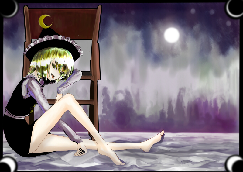 e.x.on, lunasa prismriver, touhou, 1girl, barefoot, blonde hair, feet, female focus, moon, night, night sky, sky, solo