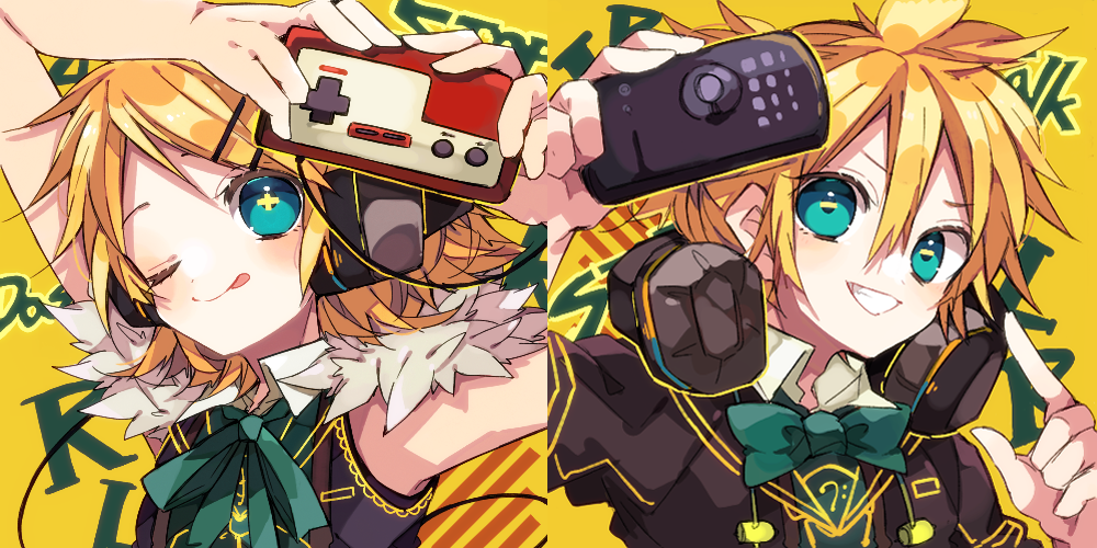 kaho 0102, kagamine len, kagamine rin, vocaloid, commentary request, 1boy, 1girl, ;q, bare arms, bare shoulders, black jacket, blonde hair, blush, bow, bowtie, brother and sister, closed mouth, controller, double-parted bangs, famicom gamepad, game controller, green bow, green bowtie, green eyes, green ribbon, grin, hair between eyes, hair ornament, hairclip, headphones, headphones around neck, holding, holding controller, holding game controller, horizontal pupils, jacket, looking at viewer, neck ribbon, one eye closed, parallel hairclips, portrait, ribbon, short hair, siblings, sleeveless, sleeveless jacket, smile, symbol-shaped pupils, tongue, tongue out, twins, wing collar, x-shaped pupils, yellow background