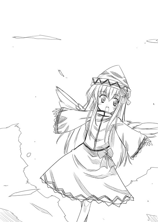 bakushiishi at, kiku hitomoji, tora tooru, toru tooru, lily white, touhou, 1girl, blush, bow, dress, dutch angle, female focus, greyscale, happy, long hair, looking at viewer, monochrome, open mouth, outdoors, simple background, sketch, skirt, skirt set, smile, solo, white background, wide sleeves, wings
