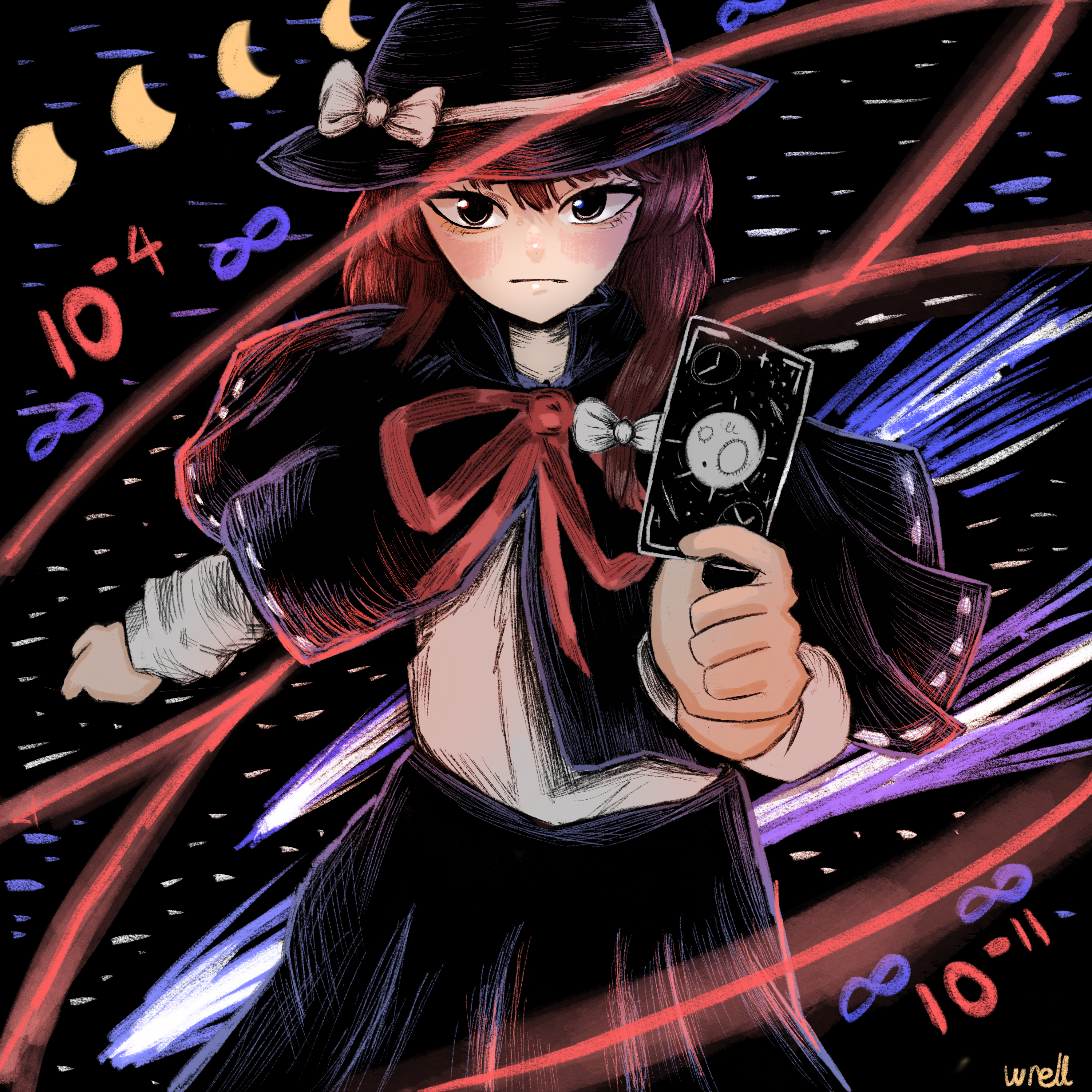 usami renko, touhou, absurdres, highres, 1girl, black capelet, bow, bowtie, brown hair, capelet, fedora, hat, hat bow, hat ribbon, red bow, red bowtie, ribbon, white bow, wrell