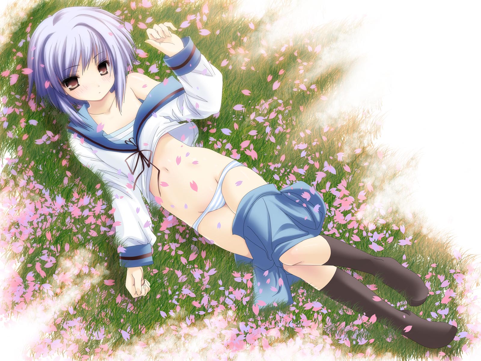namamo nanase, nagato yuki, suzumiya haruhi no yuuutsu, highres, 00s, lying, panties, school uniform, serafuku, solo, striped clothes, striped panties, underwear