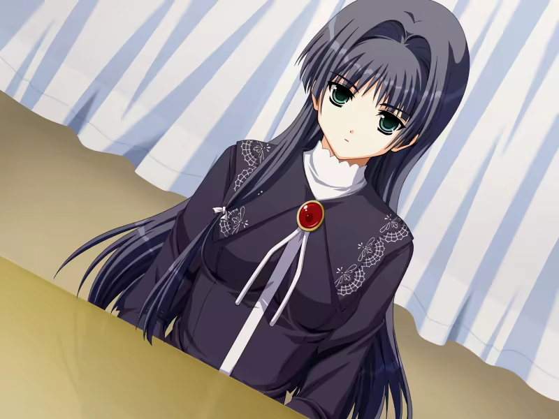 kanno touko, kunimi ema, doko e iku no ano hi, game cg, non-web source, official art, 1girl, black dress, black hair, curtains, dress, expressionless, green eyes, long hair, serious, table